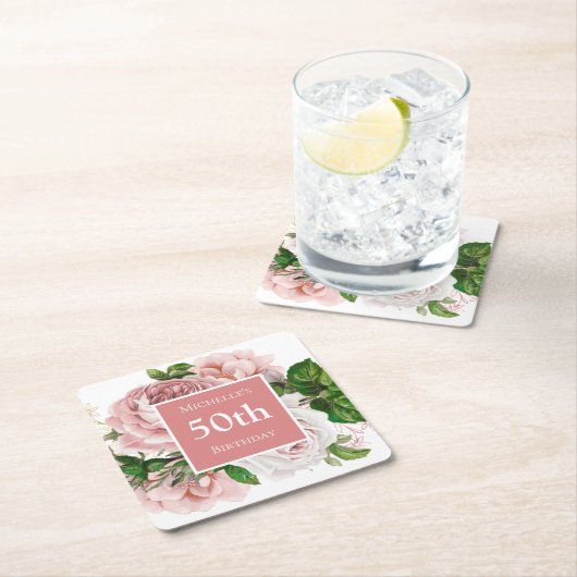  Blush Pink Floral 50th Birthday Party Vierkante Kartonnen Onderzetter (Insitu)