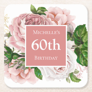  Blush Pink Floral 60th Birthday Party Vierkante Kartonnen Onderzetter