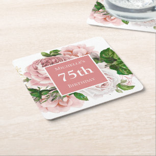 Blush Pink Floral 75th Birthday Party Vierkante Kartonnen Onderzetter