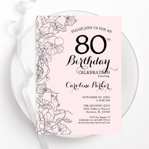 Blush Pink Floral 80th Birthday Party Kaart