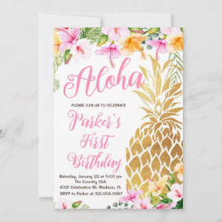 Blush Pink Floral Aloha Ananas Eerste Verjaardag Kaart