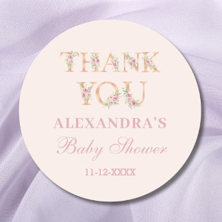 Blush Pink Floral Baby shower Dank je wel Ronde Sticker
