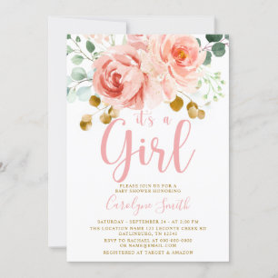 Blush Pink Floral Baby shower Invitation Girl Kaart