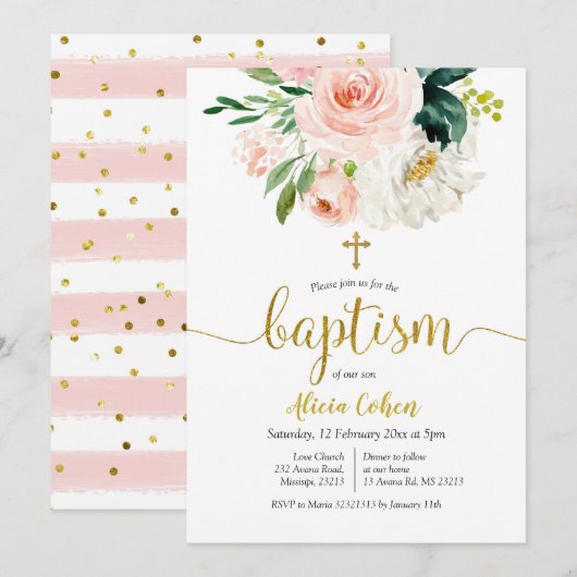 Blush Pink Floral Baptism Invitation Kaart (Voorkant / Achterkant)