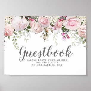 Blush Pink Floral Baptisme Guestbook Sign. Poster