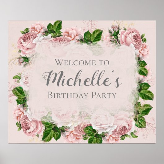 Blush Pink Floral Birthday Welkom Poster (Voorkant)