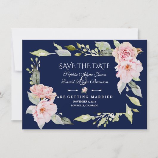 Blush Pink Floral Bloom Navy Blue Save the Date (Voorkant)