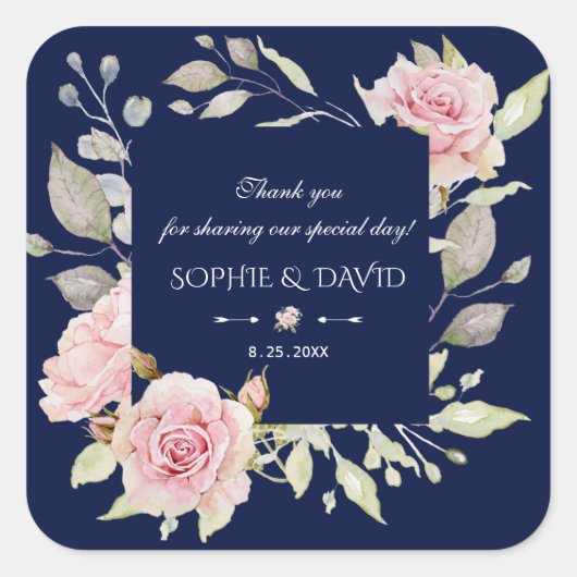 Blush Pink Floral Bloom Navy Blue Wedding Vierkante Sticker (Voorkant)