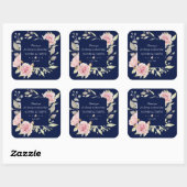Blush Pink Floral Bloom Navy Blue Wedding Vierkante Sticker (Vel)