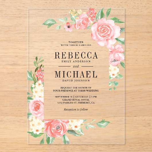 Blush Pink Floral Bloom Roses Wedding Acryl Uitnodigingen (Voorkant)