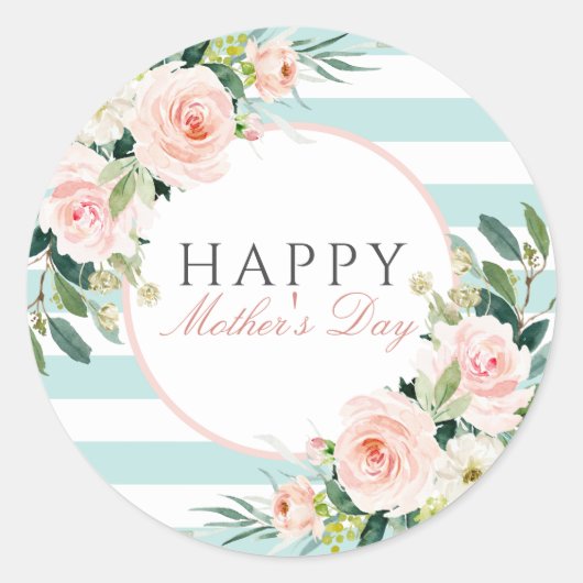 Blush Pink Floral Blue Stripes Moederdag Ronde Sticker (Voorkant)