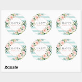 Blush Pink Floral Blue Stripes Moederdag Ronde Sticker (Vel)