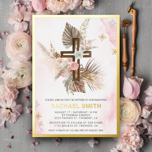 Blush Pink Floral Boho Pampas Wood Cross Baptisme Folie Uitnodiging