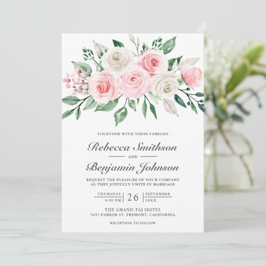Blush Pink Floral Bouquet QR Code Weddenschap Kaart (Staand voorkant)