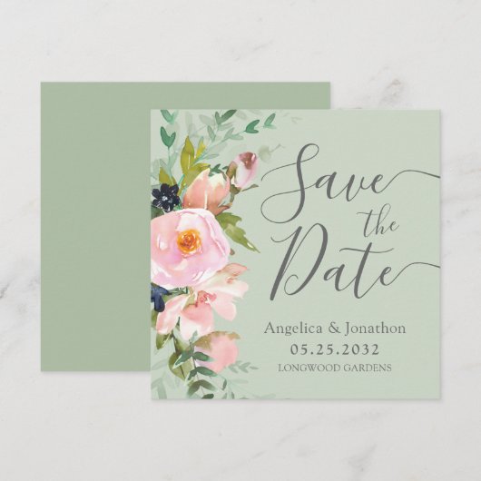 Blush Pink Floral Bouquet Sage Green Save the Date (Voorkant / Achterkant)