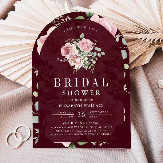 Blush Pink Floral Burgundy Bridal Shower Kaart