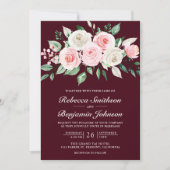 Blush Pink Floral Burgundy QR Code Weddenschap Kaart (Voorkant)