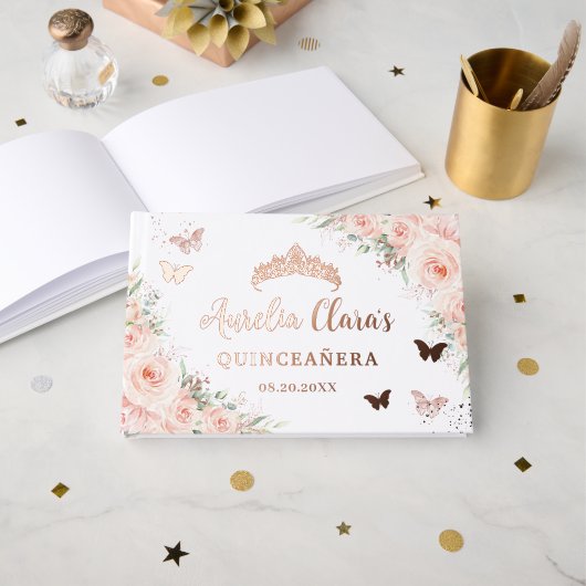 Blush Pink Floral Butterflies Quince XV Rose Gold (Recto ouvert)