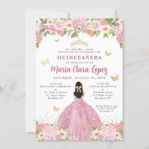 Blush Pink Floral Butterfly Princess Quinceanera Kaart