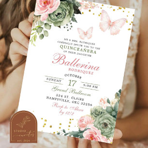 Blush Pink Floral Butterfly Quinceanera Kaart