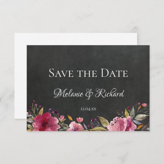 Blush Pink Floral Chalkboard Save the Date Card (Voorkant / Achterkant)