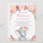 Blush Pink Floral Cute Elephant 1e verjaardag Kaart (Voorkant)