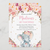 Blush Pink Floral Cute Elephant 1e verjaardag Kaart (Voorkant / Achterkant)