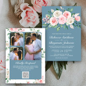 Blush Pink Floral Dusty Blue QR Code Weddenschap Kaart