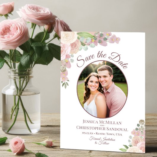 Blush Pink Floral Elegant Boho Wedding Photo Save The Date