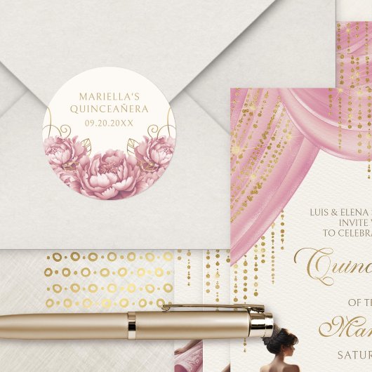 Blush Pink Floral Elegant Quinceanera Ronde Sticker