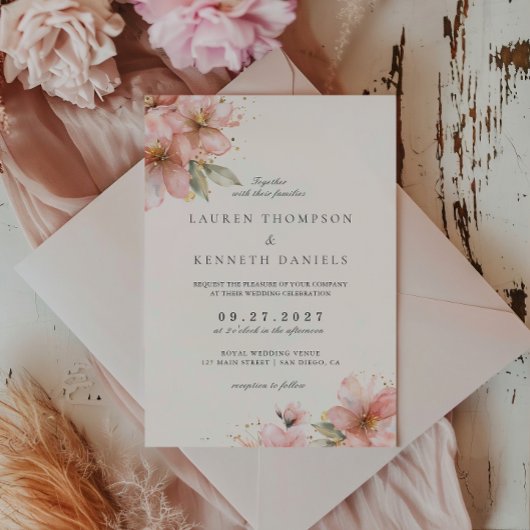 Blush Pink Floral Elegant Script Wedding Kaart