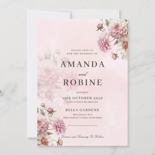 Blush Pink Floral Elegante bruiloft uitnodiging (Voorkant)