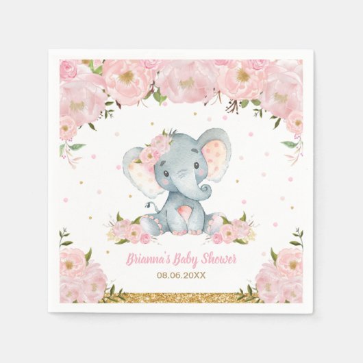 Blush Pink Floral Elephant Baby shower Birthday N Servet (Voorkant)