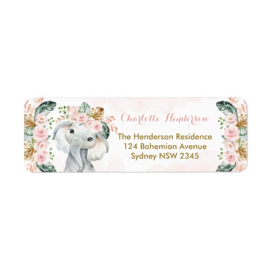 Blush Pink Floral Elephant Boho Baby Girl Etiket (Voorkant)