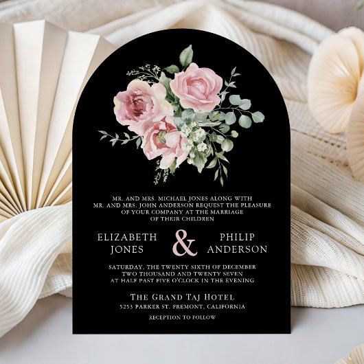 Blush Pink Floral Eucalyptus Black QR Code Wedding Kaart