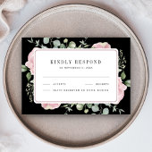 Blush Pink Floral Eucalyptus Black Wedding RSVP Kaartje
