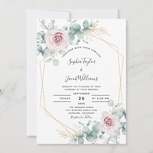 Blush Pink Floral Eucalyptus Geometric Wedding Kaart (Voorkant)