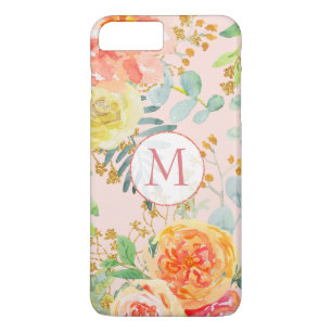 Blush Pink Floral Eucalyptus Glitter Monogram iPhone 8 Plus / 7 Plus Hoesje