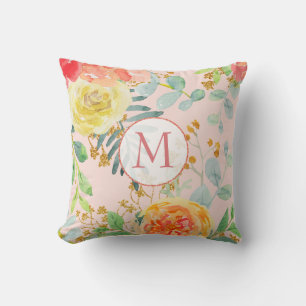 Blush Pink Floral Eucalyptus Glitter Monogram Kussen