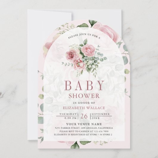 Blush Pink Floral Eucalyptus QR Code Baby shower Kaart (Voorkant)