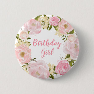 Blush Pink Floral First 1st Birthday Round Badge Ronde Button 5,7 Cm