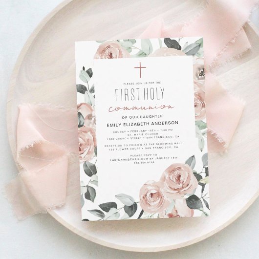 Blush Pink Floral First Heilige Communie Kaart