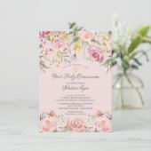 Blush Pink Floral First Heilige Communie Kaart (Staand voorkant)