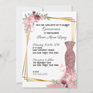 Blush Pink Floral Girly Quinceanera Invitation Kaart