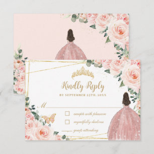 Blush Pink Floral Gold Butterfly Quinceañera Dress RSVP Kaartje