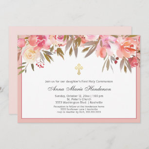 Blush Pink Floral Gold Cross First Heilige Communi Kaart