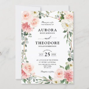 Blush Pink Floral Gold Geometric Botanical Weddens Kaart