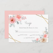 Blush Pink Floral Gold Geometric Botanical Weddens RSVP Kaartje (Voorkant / Achterkant)