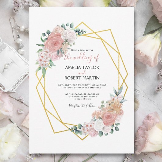 Blush Pink Floral Gold Geometric Kaart