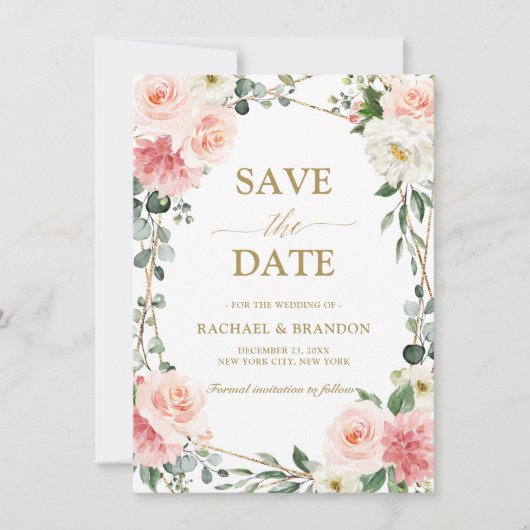 Blush Pink Floral Gold Geometric Save the Date (Voorkant)